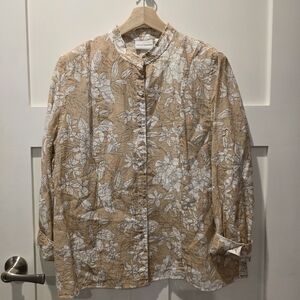 Alfred Dunner Womens Shirt 16 Beige Floral Button Up Long Sleeve Semi Sheer Chic